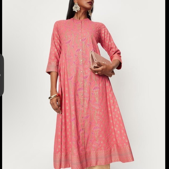 Dresses & Skirts - Max midi shirt dress button front high neck pink coral Indian modest large